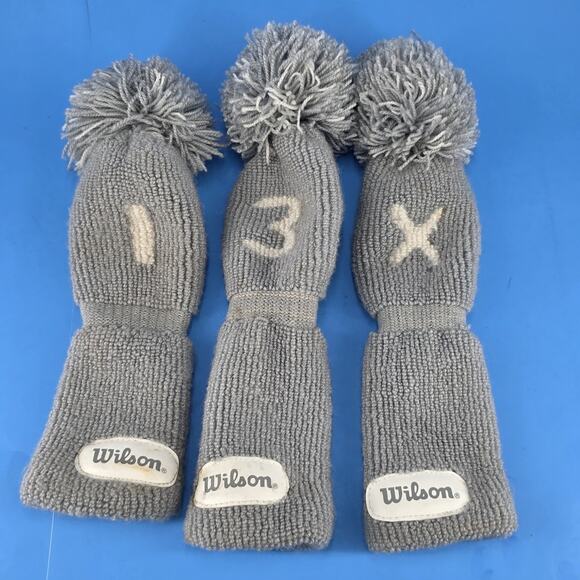 Set Of 3 VTG Wilson Golf Club Head Cover Sock Pom Pom Gray Knit Set 1, 3, X - Picture 1 of 10